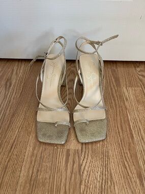 Jessica Simpson Metallic Gold Strappy Square-Toe Heels